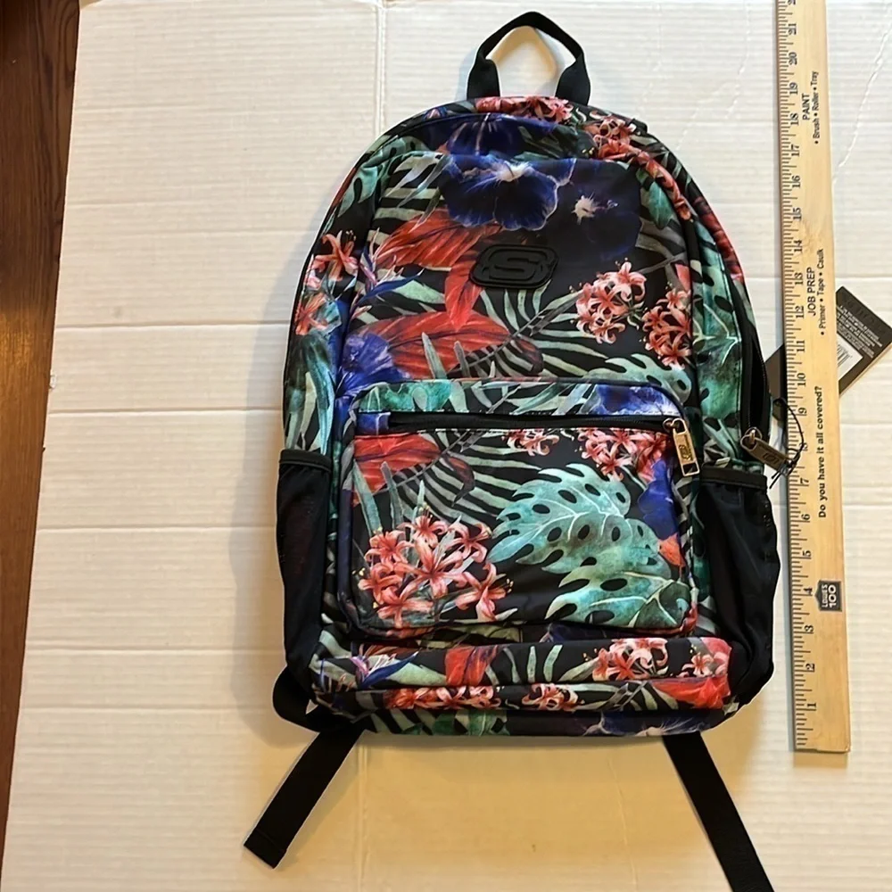 NWT-Skechers-black with multi floral back pack.metal zippers.unisex
